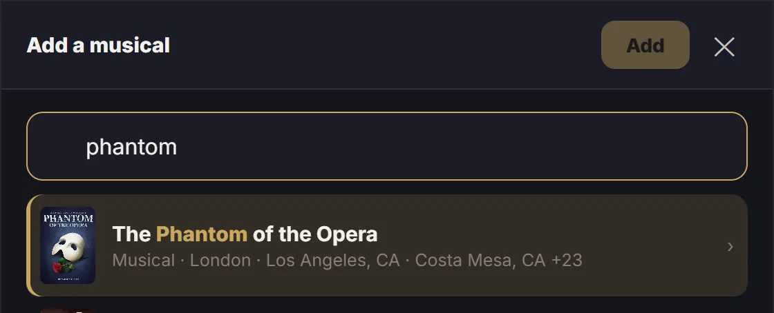 記錄表單：輸入「歌劇魅影」，自動找到 The Phantom of the Opera 與海報、演出城市