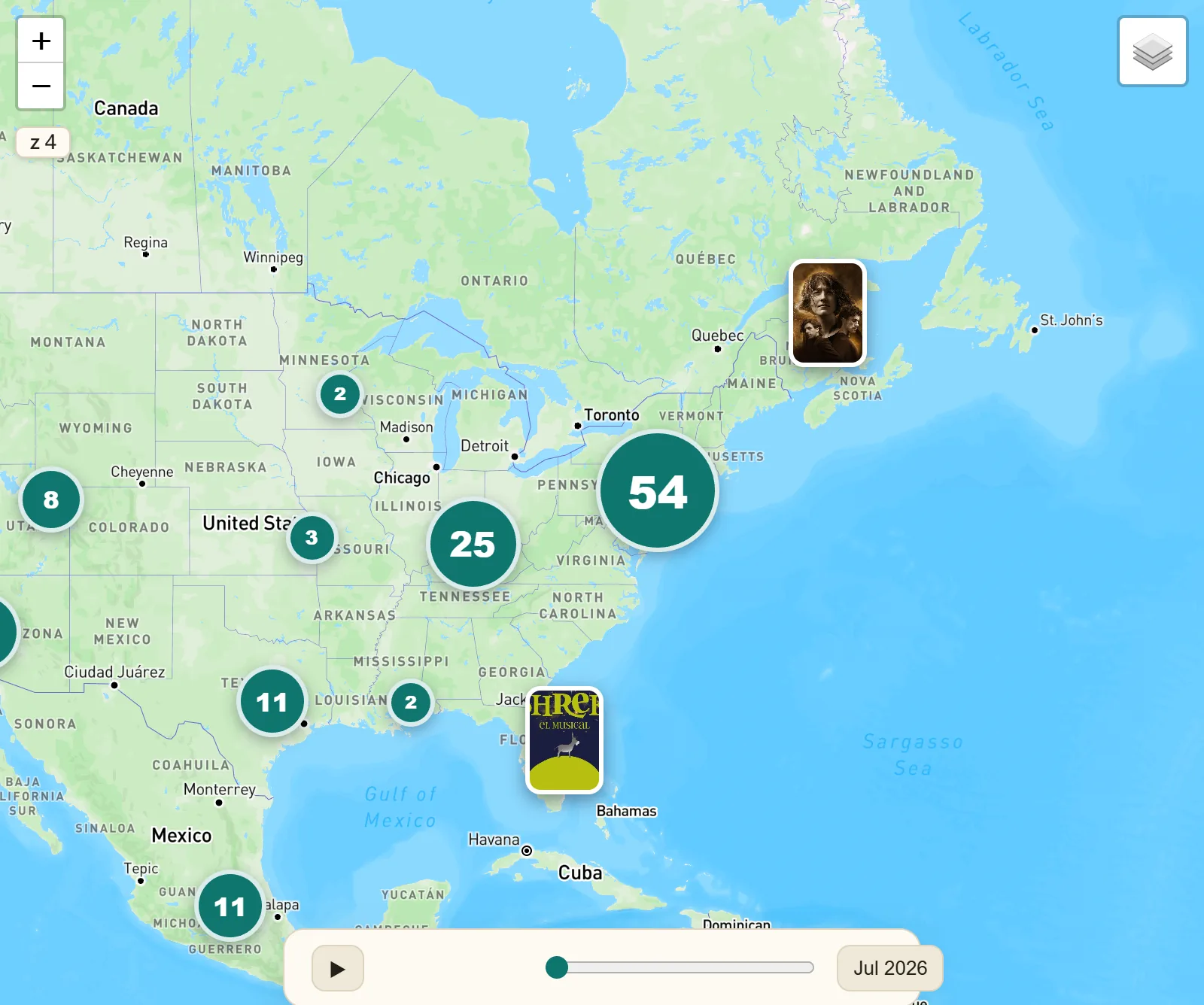 MusicalMap 主地圖：各音樂劇海報散布在地圖上，相鄰的聚成數字圓圈，底部有月份時間軸