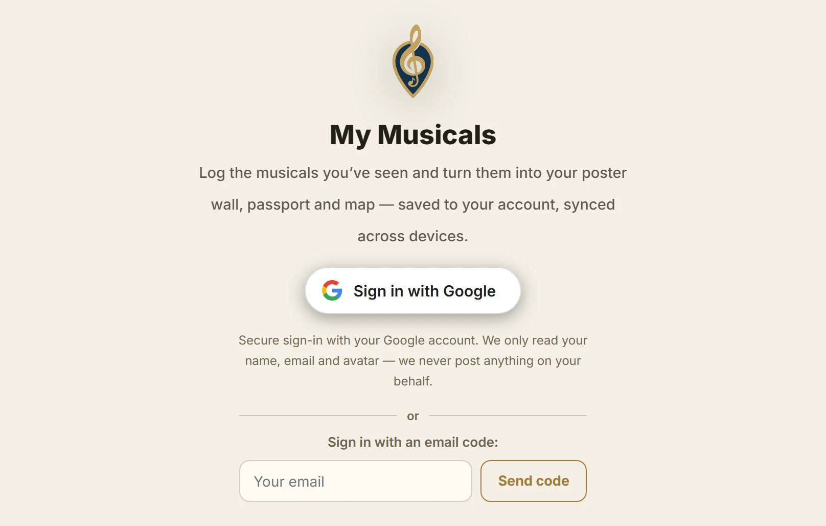 登入畫面:一個「使用 Google 登入」按鈕,底下另有用 Email 收驗證碼登入
