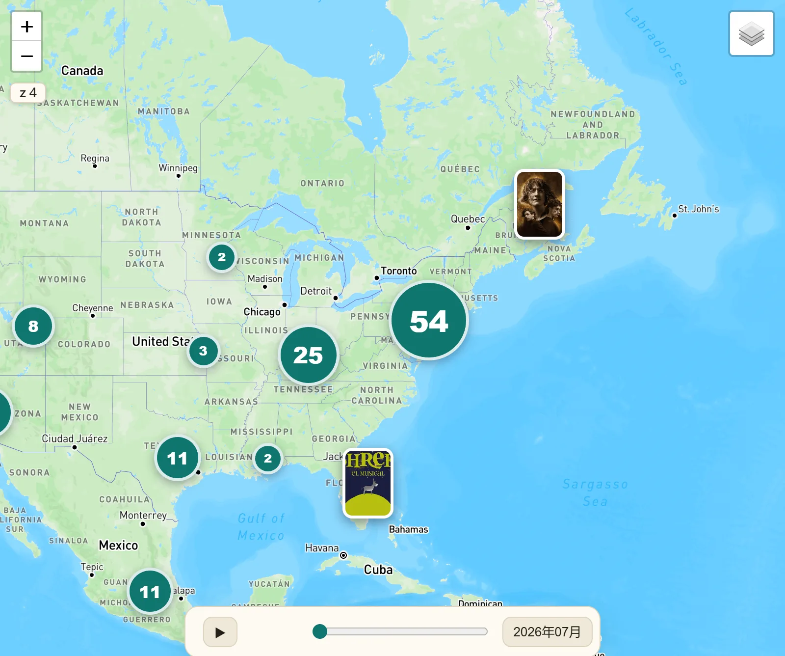 MusicalMap 主地圖:各音樂劇海報散布在地圖上,相鄰的聚成數字圓圈,底部有月份時間軸